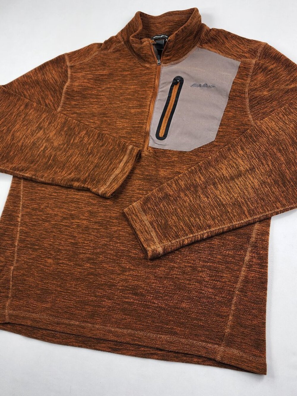 Eddie Bauer Mens M Orange Brwn Fleece 1/4 Zip Pullover Sweater Chest Pocket Mock